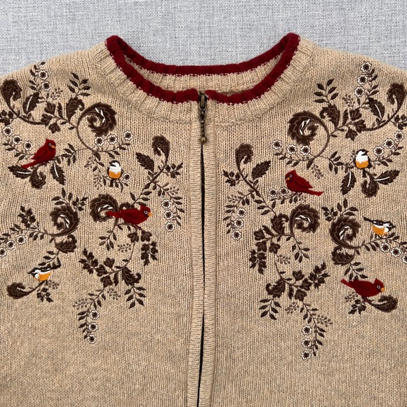 Croft & Barrow Embroidered Bird Zip Cardigan Sweater Women 2X Beige Cottagecore - Picture 2 of 10